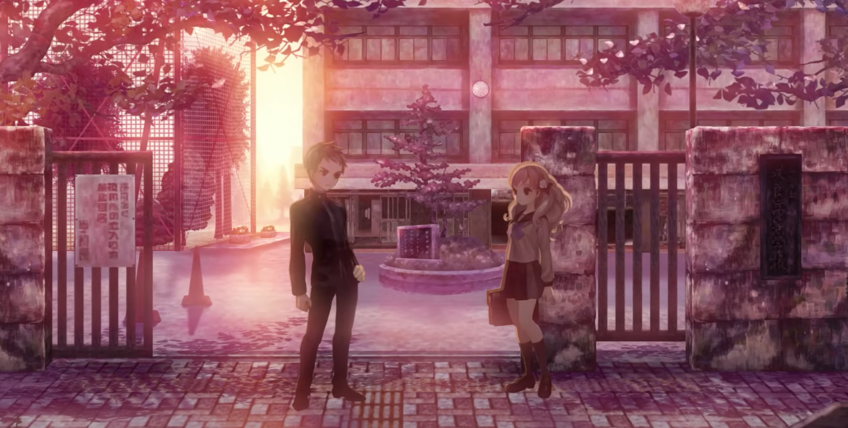 an image from the game 13 sentinels: aegis rim. fuyusaka and sekigahara stand facing each other in front of the school gate. everything is bathed in pink light as the sun sets.